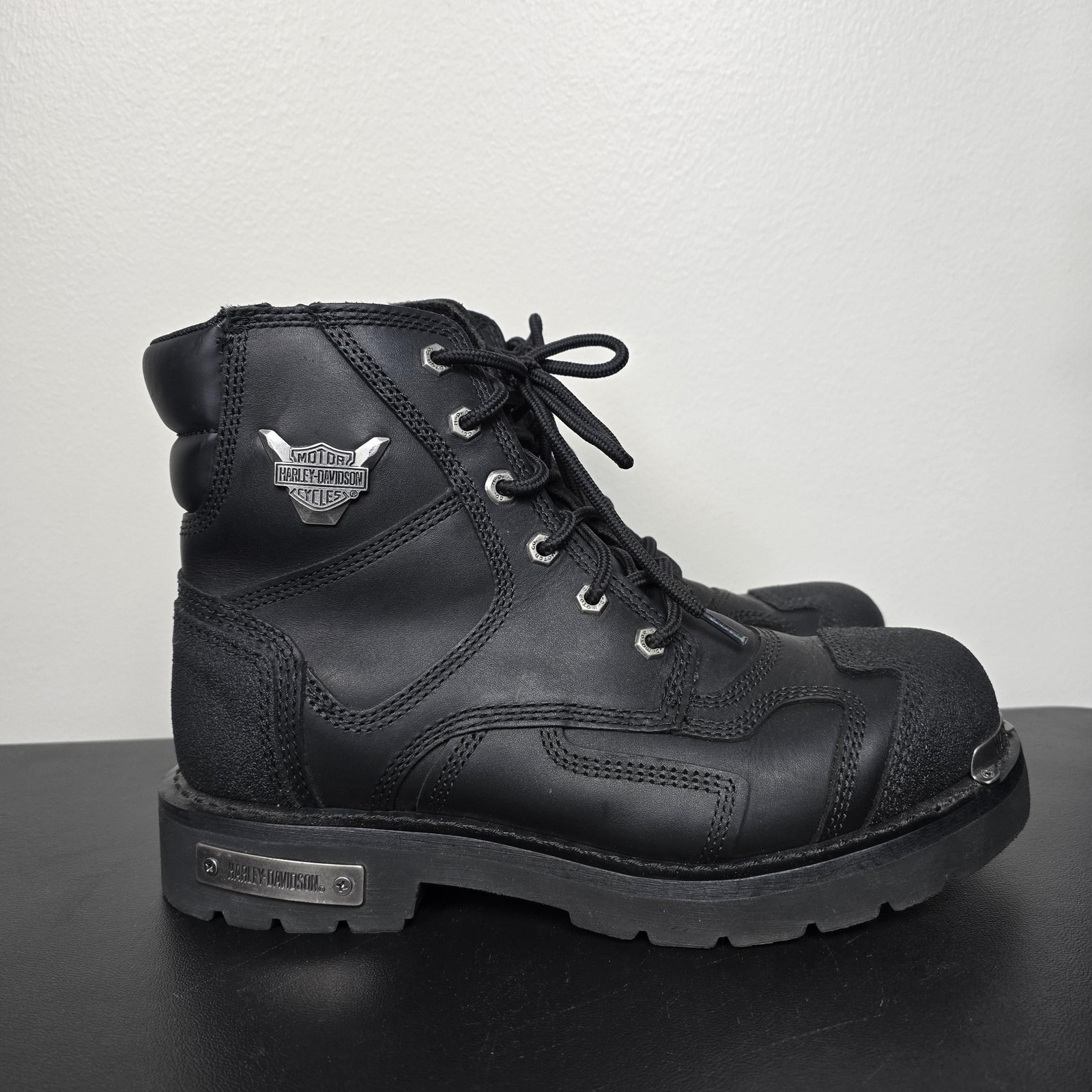 Harley Davidson Boots Mens 10 Black Stealth Leather Biker Lace Up Zip Toe Cap